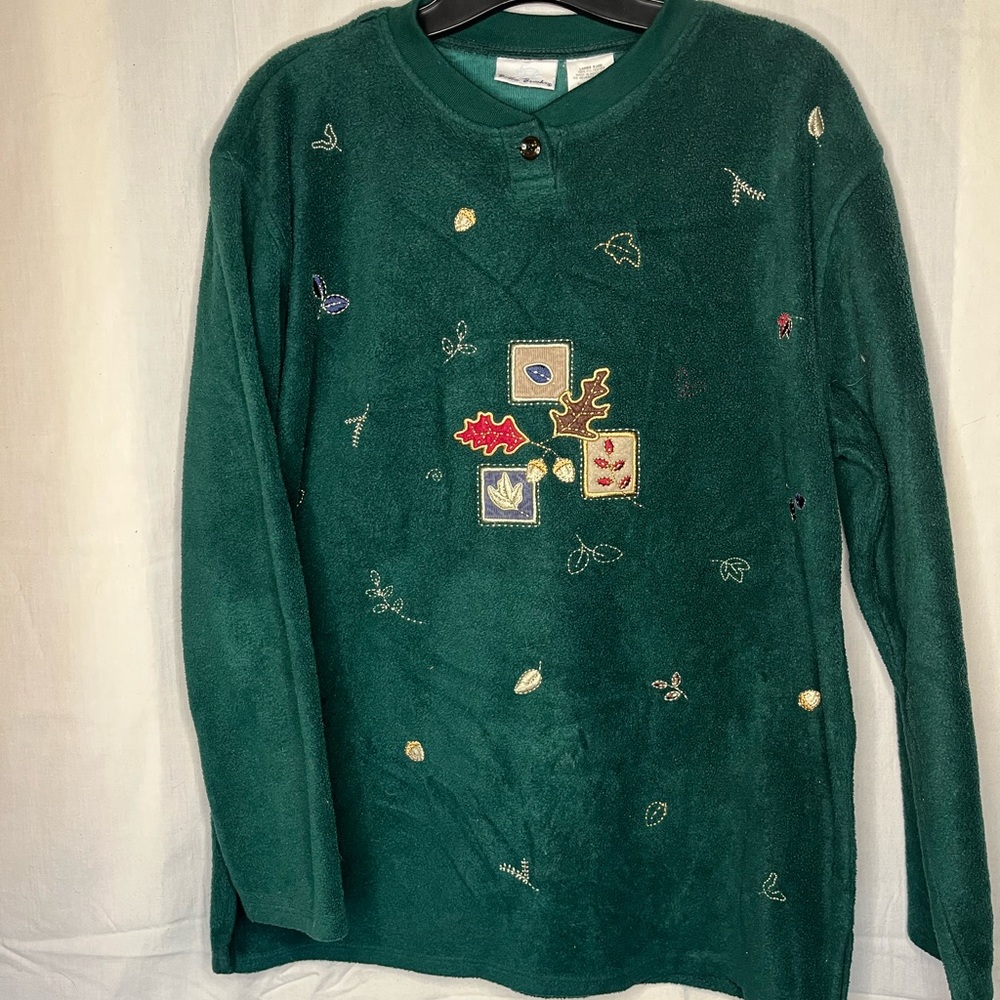 Green Embroidered Fall Fleece Sweater